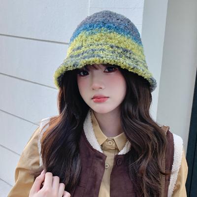Thermal Hat Children Japanese Retro Contrasting Color Gradual Change Rainbow Knitted Bucket Hat Winter Basin Hat