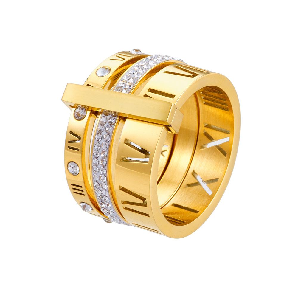 New European and American Fashion High-end Roman Numeral Diamond Ring, Stainless Steel Personalized Male and Female Couple Ring 6 золотой