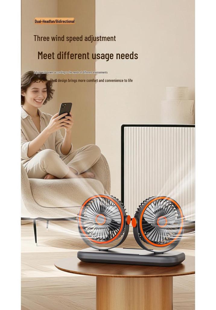 USB Rechargeable Dual-Head Desktop Fan for Home and Car, High Wind Power Air Circulator