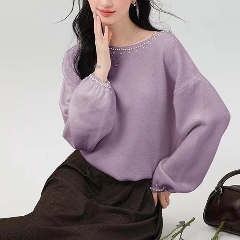 Gentle Wind Fashion Heavy Industry Bead Knitted Sweater Women's Autumn and Winter New Loose and Thin Pullover Solid Color Sweater Women
