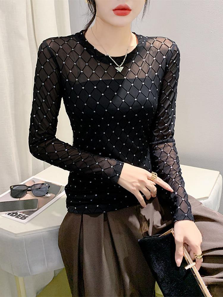 Chic Mesh Long Sleeve Top with Nail Beads & Diamond Accents - Stylish, Slim, and Breathable Women's Autumn Shirt