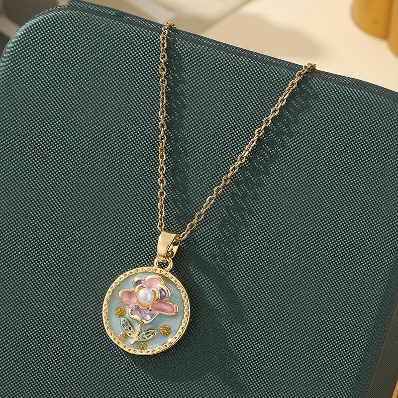 Hand Painted Oil Painting Floral Pendant Necklace New Chinese Elegant Collarbone Chain Jewelry