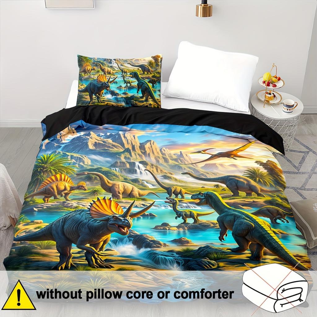 3D Dinosaur Print Duvet Cover Set Zipper Closure-100% Polyester Breathable Bedding Set All-Season Animal Theme Bedroom Decor