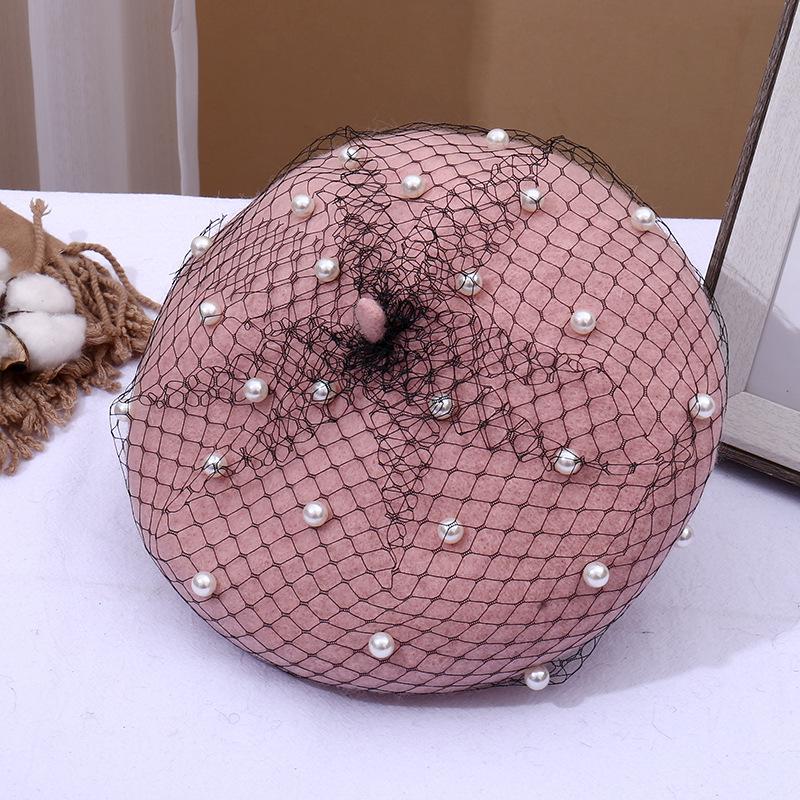 

Женский шерстяной берет с жемчужной сеткой - Белый ретро стиль художника для весны и осени M (56-58cm) розовый