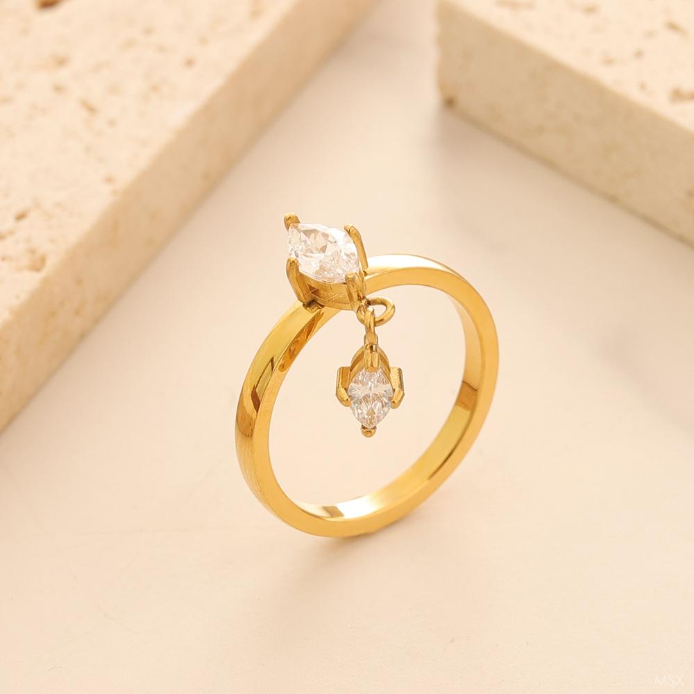 JOVO LOVE Water Drop Stainless Steel Two Zircon Ring Sparkling Crystal Tassel Vertical Fing Rings PVD 18K Gold Plating Jewelry