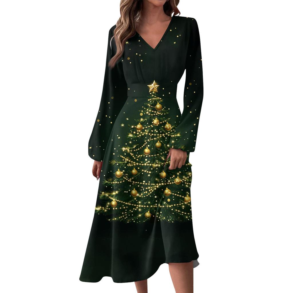 Women's Autumn And Winter Casual Fashion V-neck Long Sleeve  Print Long Dress