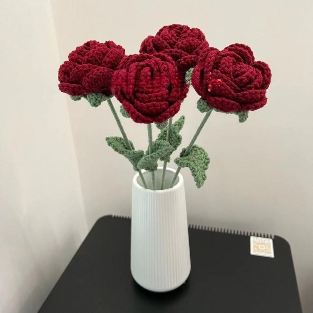 1/5/9pcs Hand Knitted Fake Rose Flowers Crochet Woven Rose Flower Bouquet  Mother's Day