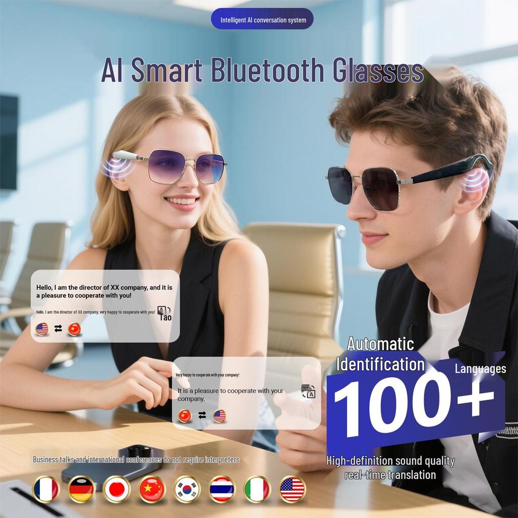 Occhiali per Traduzione AI Bluetooth GY200: Traduzione in Tempo Reale in Oltre 100 Lingue, Musica, Chiamate, Funzioni Smart