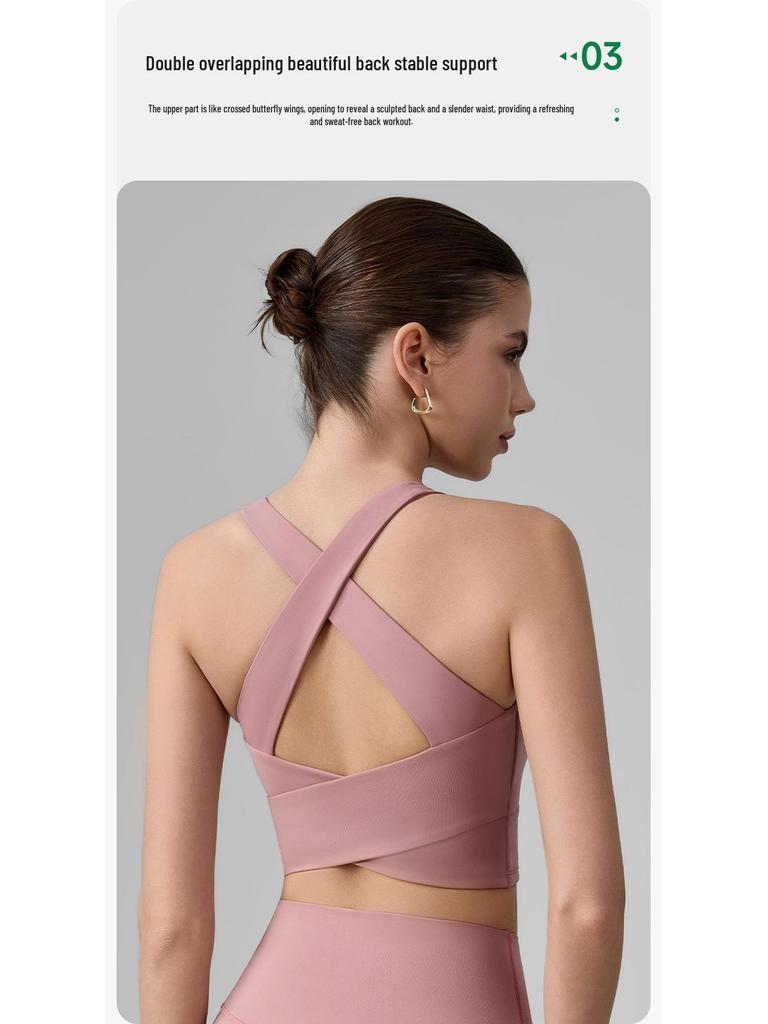 Women's Wide-Strap Cross-Over Sports Bra with Side Support, Shock Absorption, Fixed Cups, Hollow Back, Yoga Vest