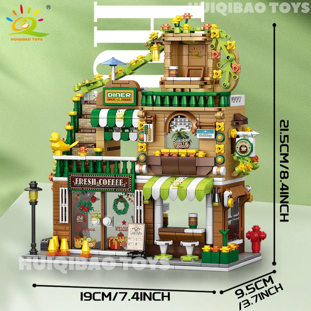 Stadtstraßenansicht Kaffee-Burger-Laden Hotel Modell Bausteine DIY Architektur Kommerzielle Straße Steine Spielzeug Erwachsener