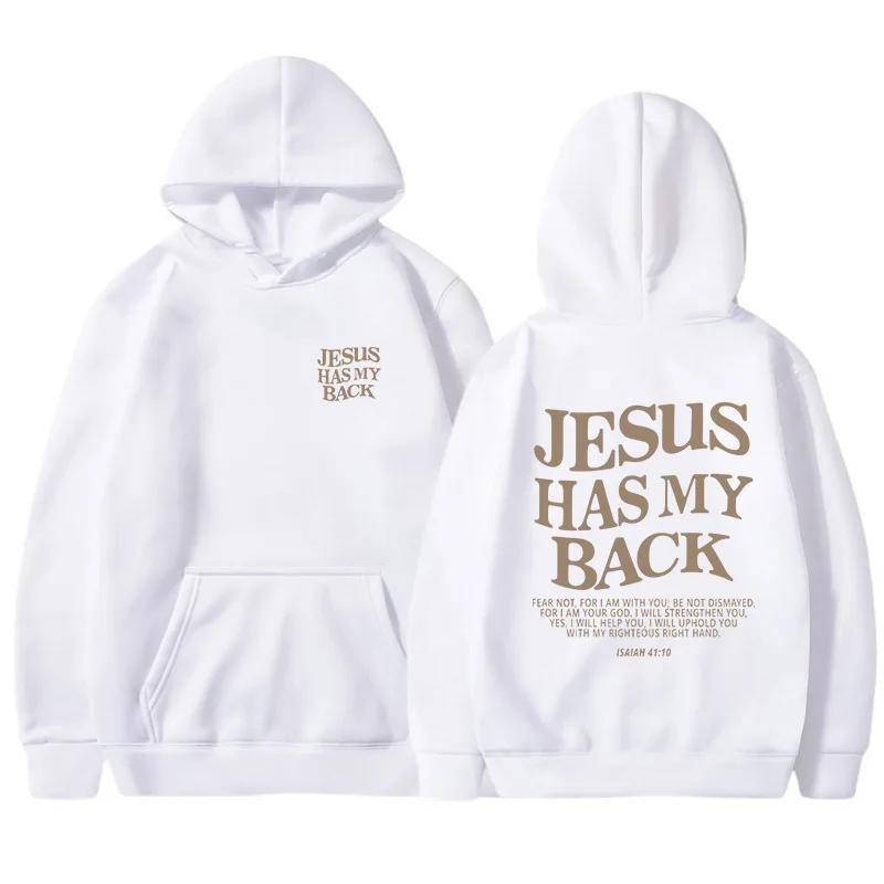 JESUS HAS MY BACK Velvet Hoodie Plain English Letter Slogan Print Kangaroo Pocket Drawstring Print Hoodie