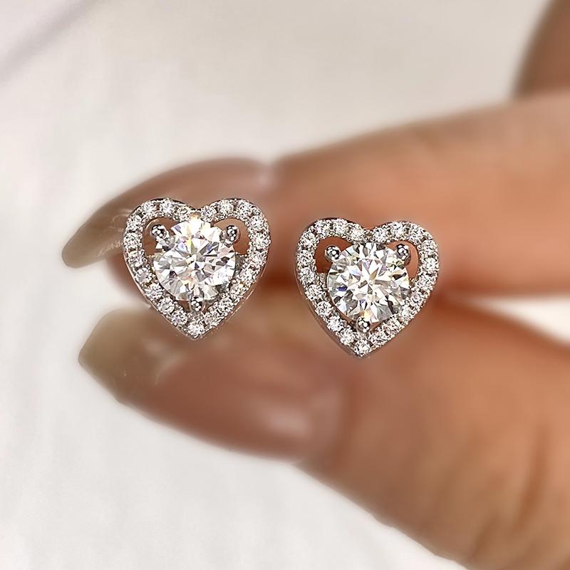 DiamondWorld Real 0.5CT D Color Moissanite Diamond Heart Halo Stud Earrings for Women 925 Silver Luxury Fine Jewelry 0.5 carat Moissanite
