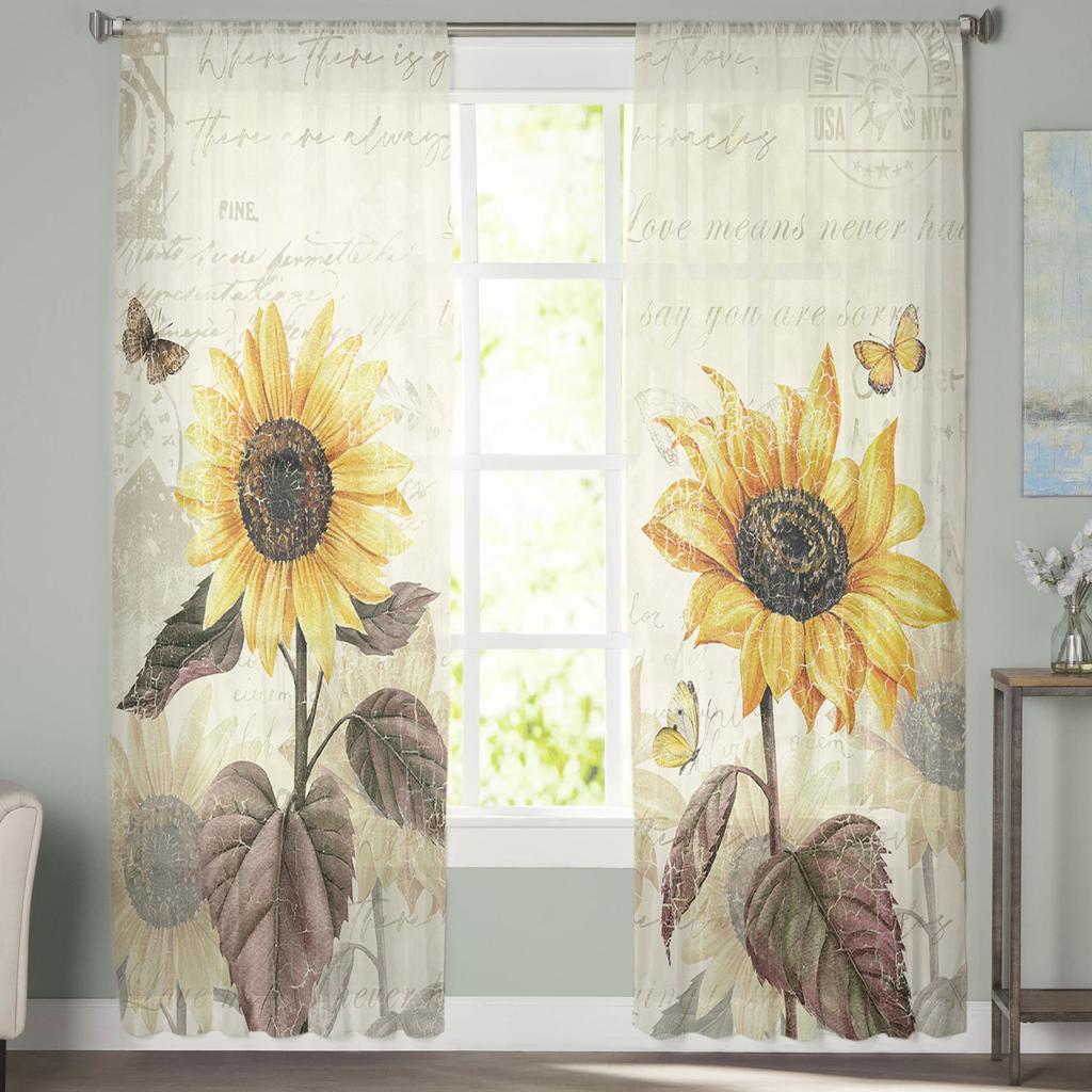 Retro Flower Butterfly Sunflower Sheer Curtains Modern Gauze Curtain for Living Room Bedroom Voile Yarn Curtains