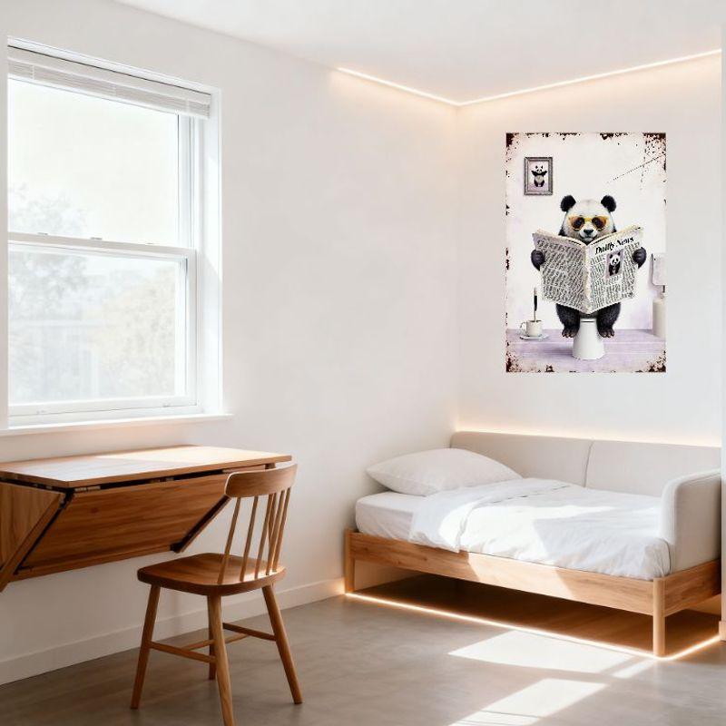 Whimsical Vintage Panda on Toilet Metal Tin Sign, Daily News Reading Illustration Wall Decor for Home Bar Man Cave Cafe Restaura