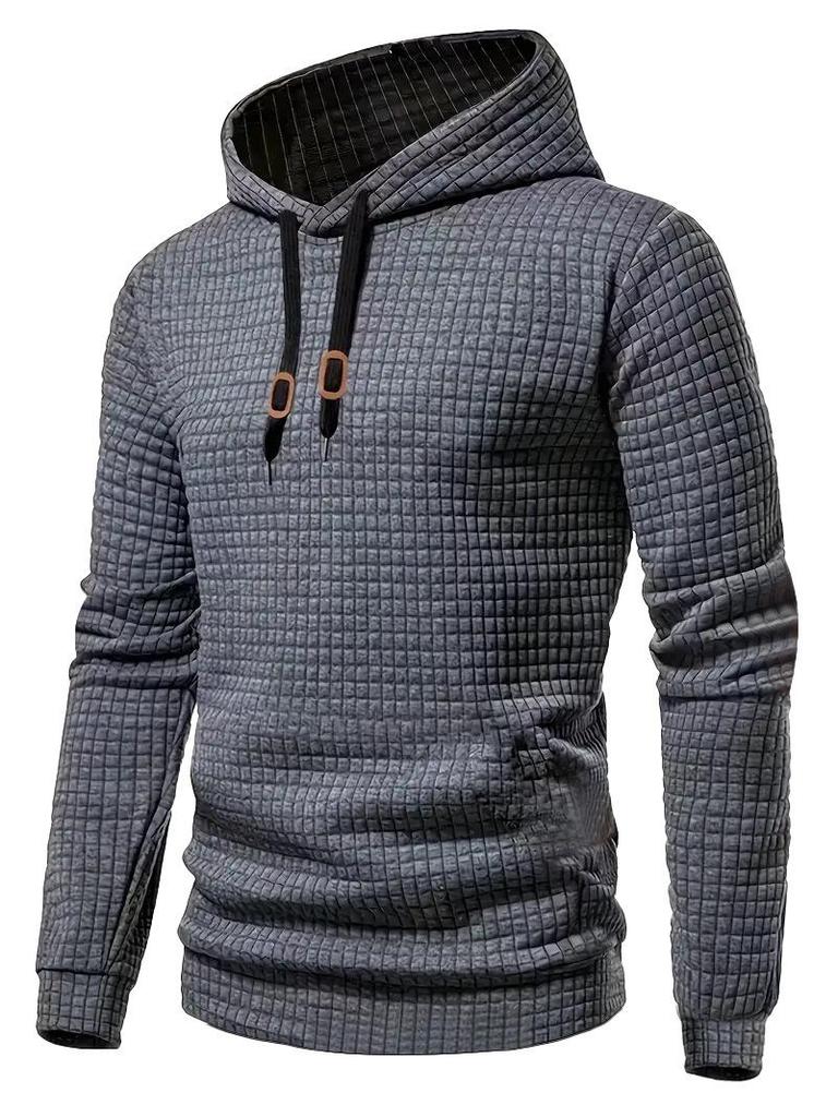 European Long Sleeve Hooded Men's Hoodie with Drawstring Jacquard Checkered Patchwork.