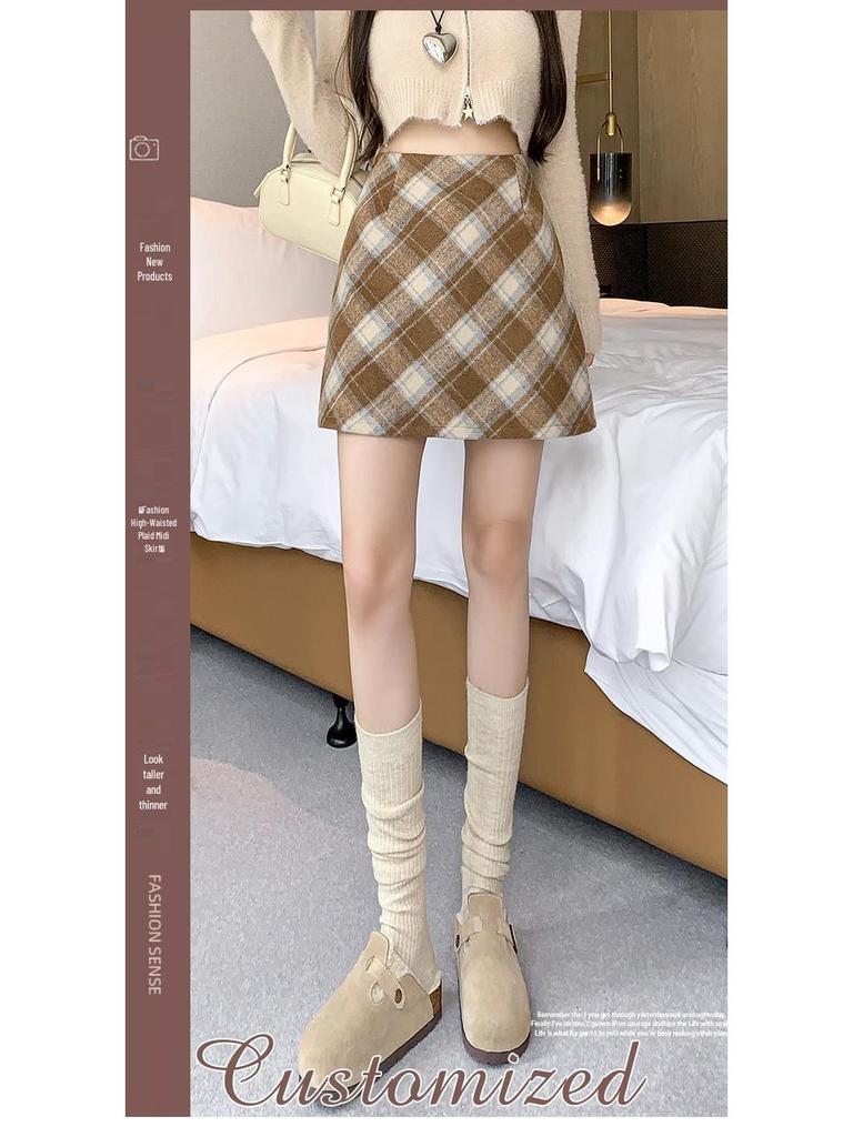 Women's Red Plaid Wool Midi Skirt: Spring Autumn Winter 2024, Slimming High Waist, A-line Bodycon Mini