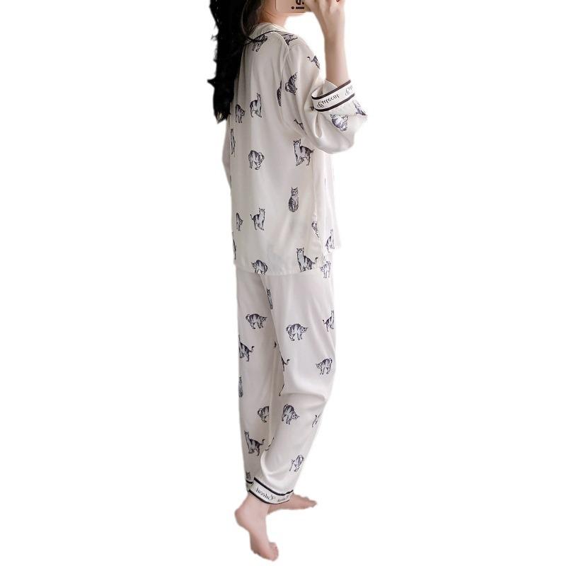 Cat print sweet loose long-sleeved pants pajamas women's spring and autumn loungewear two-piece set real shot ice silk