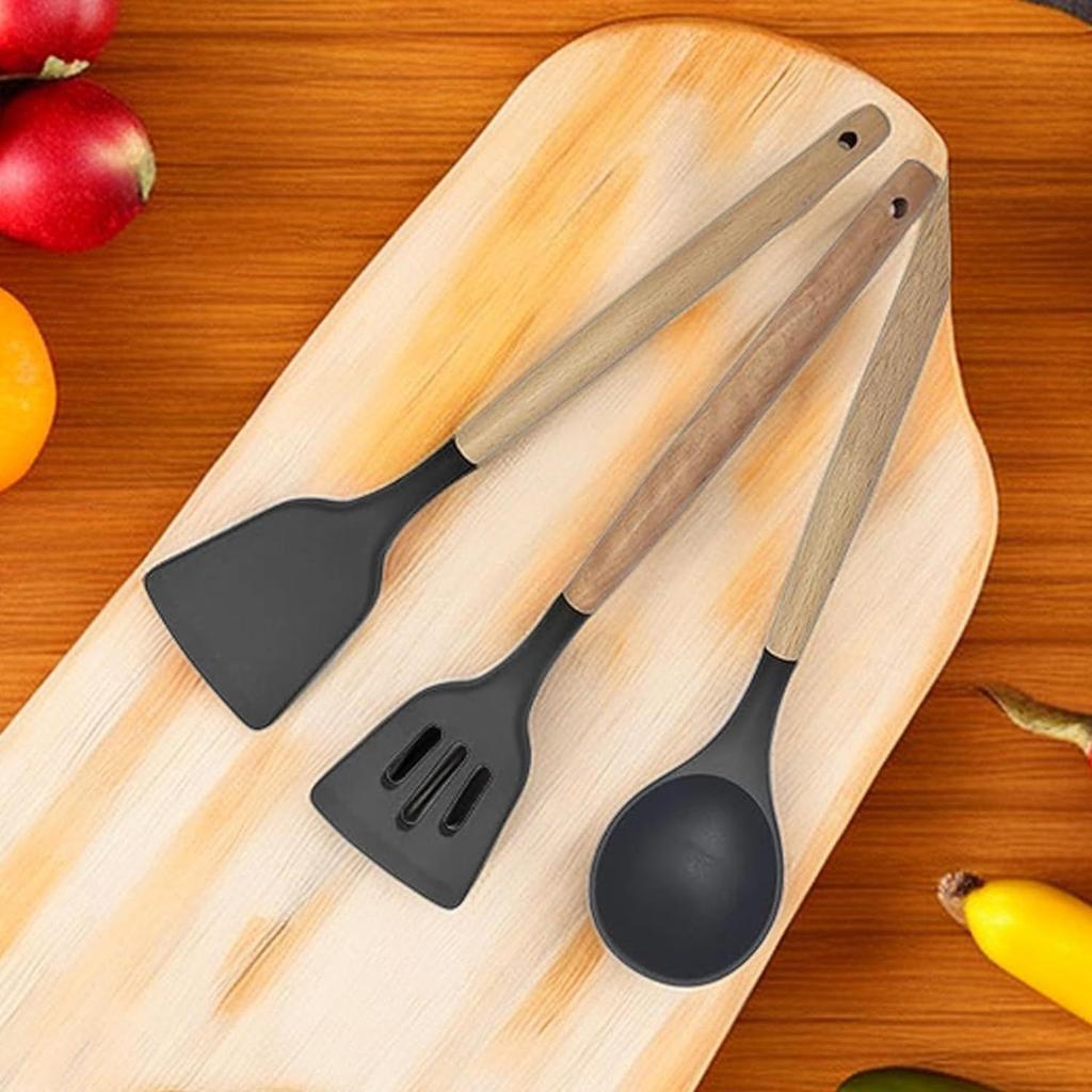 3-Piece Non-Stick Silicone Kitchen Utensils Set With Wooden Handle - Heat Resistant Cooking Spatula Cookware (Black)