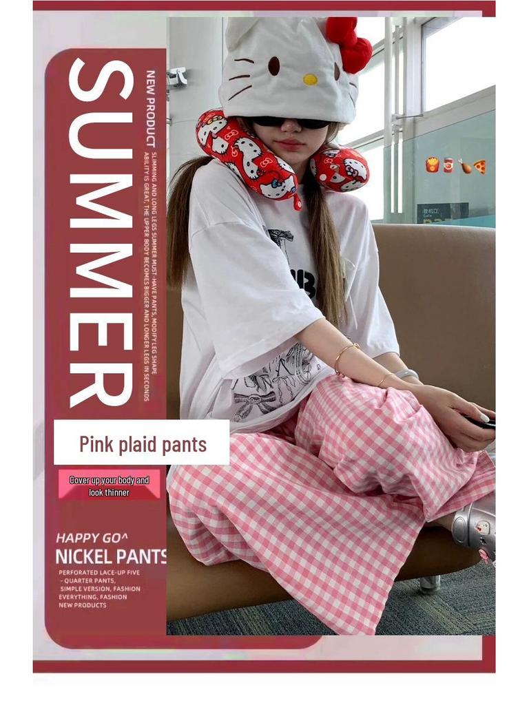 Women's Summer High-Waist Plaid Casual Pants: Slimming Straight or Wide Leg Draped Design
