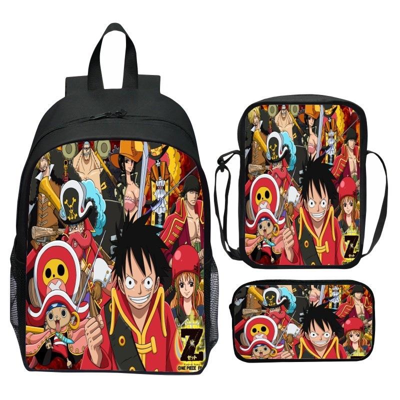 Set Zaino 3 Pezzi Stampato One Piece Cartone Animato Pirata Blu Marinaio Zaino Scuola Elementare Grande Capacità Resistente all'Acqua Zaino per Bambini