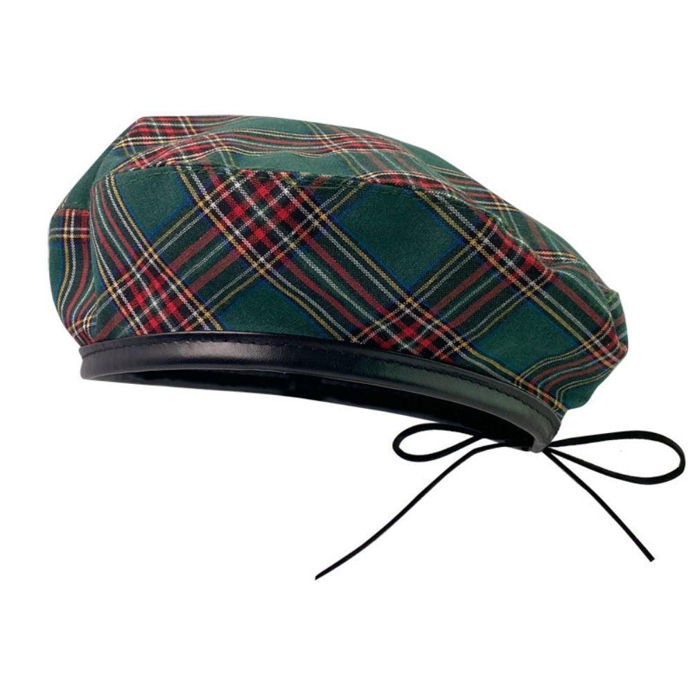 Y2K Tartan Plaid Beret Drawstring Artist Hat Fashion Newsboy Cap Autumn