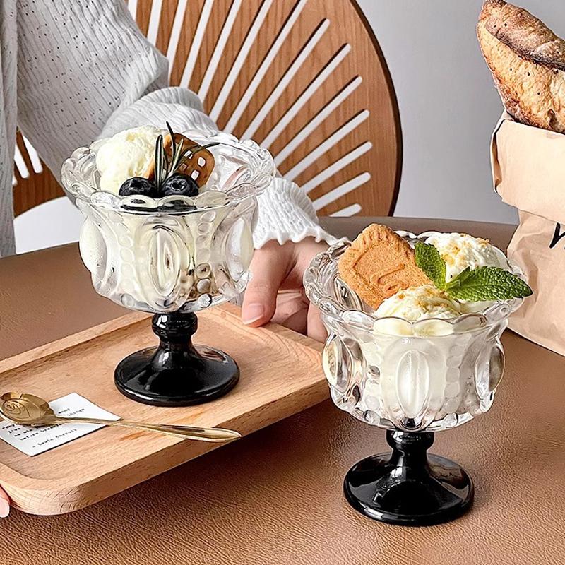 1PC Color Blocking Ice Cream Bowl Dessert Cup Palace Style Highball Glass Gift Tableware Vintage Embossed Design Elegant 200ml
