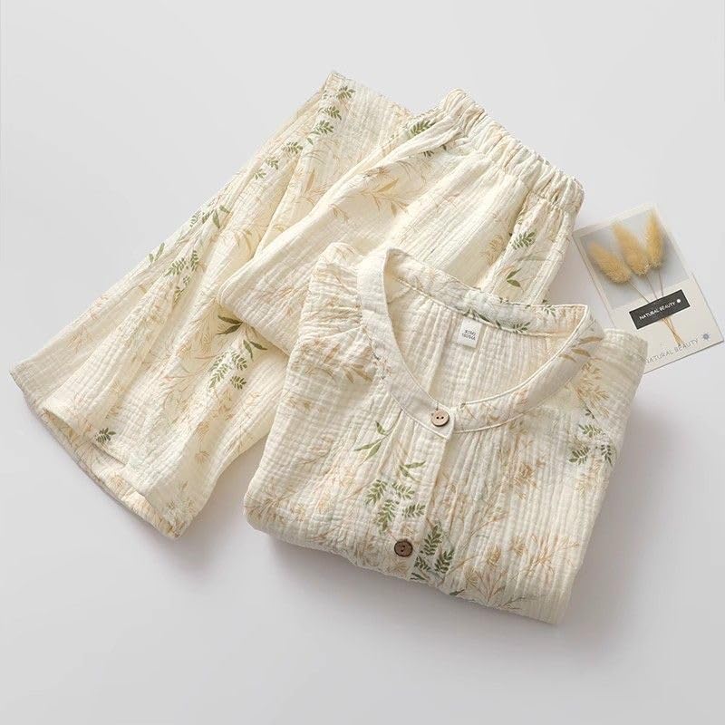 Netakara Double Gauze Long with Loungewear Solid Winter Long Sleeve Green Women's Pajamas, Sleeve, 100% Cotton, Pockets, Set, Comfortable, Color,