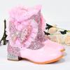 Girls' Plus Velvet Rhinestone Butterfly Boots - Warm Autumn/Winter High-Heeled Short Boots for Kids.