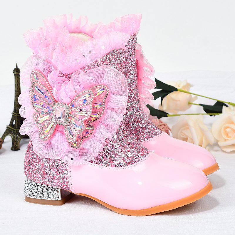 Girls' Plus Velvet Rhinestone Butterfly Boots - Warm Autumn/Winter High-Heeled Short Boots for Kids.