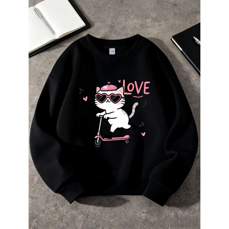 Kids Unisex Crewneck Sweatshirt, Love Music Heart Sunglasses Cat Riding Scooter Cartoon Print Pullover, Sweatshirt for Boys Girls Over 4 Years Old