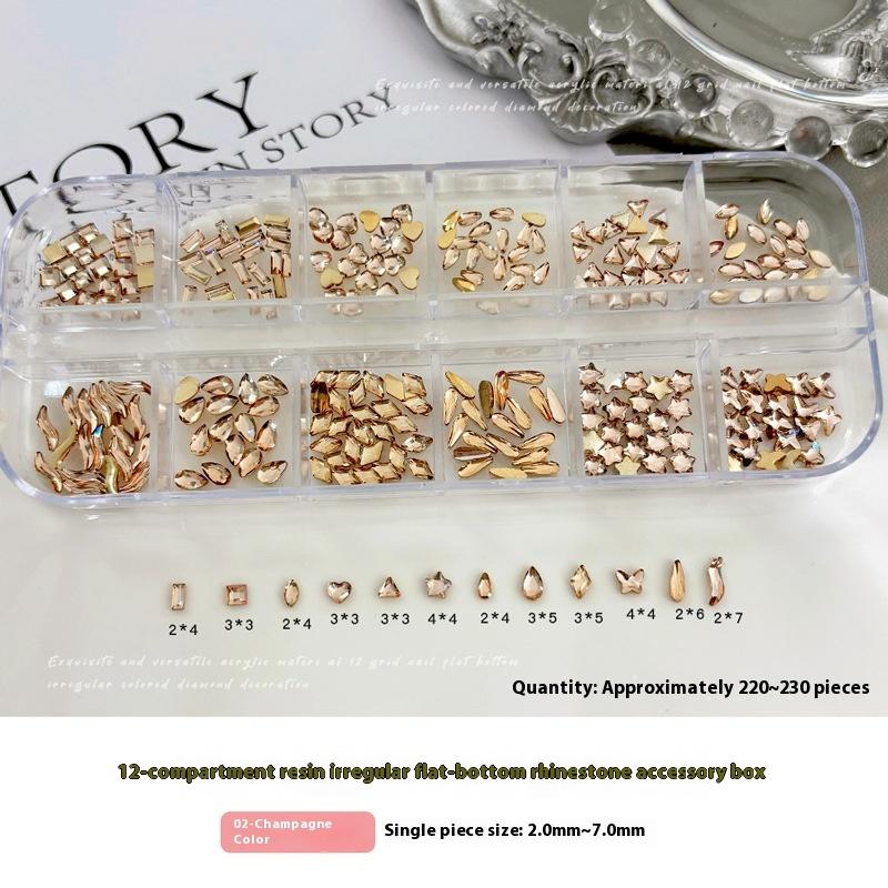 

12 Grids Resin Nail Rhinestones Jewelry Flat Bottomed Irregular Diamond Nail Art Decorations Nails Accessories Charms Supplies шампанського