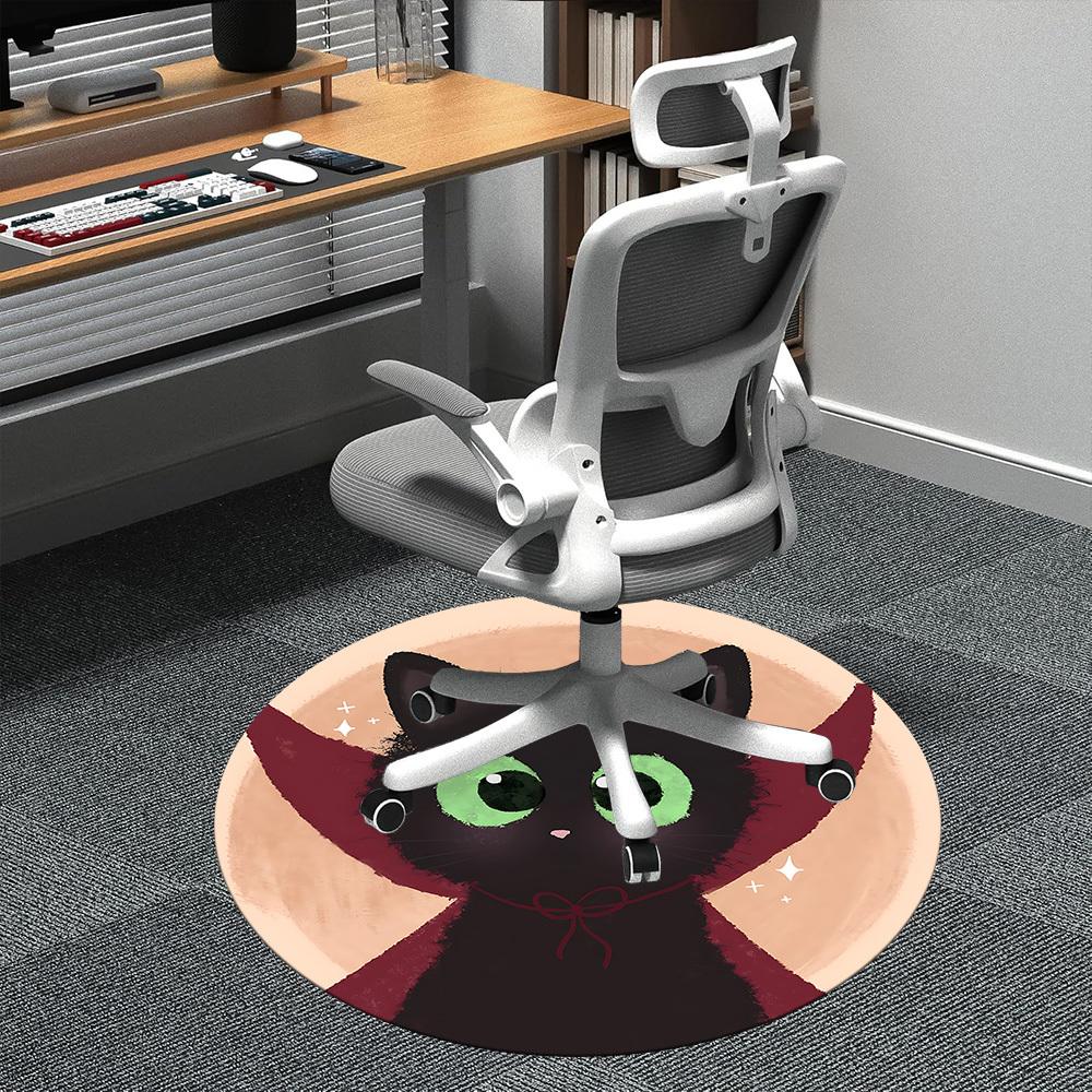 1PC Black Cat Office Round Area Rug,  Mat Suitable ForOffice, Under Office Chairs Bedroom Living Room Home Decor, Room Deco