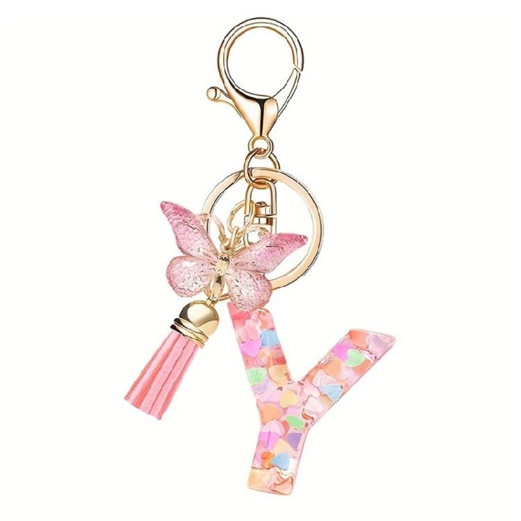 Fashionable Crystal Letter Keychain Sparkling Butterfly Tassels Charm Keyring Ornament for Women Girls Accessories