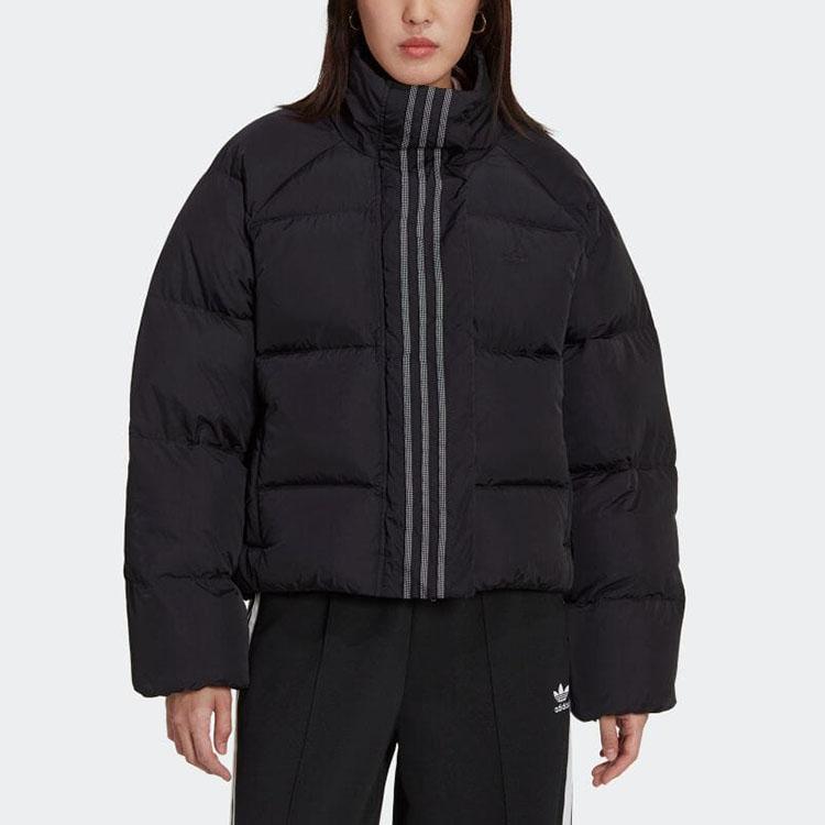Adidas Colorblock Striped Loose-Fit Stand Collar Down Jacket Women Outerwear Black HM2627