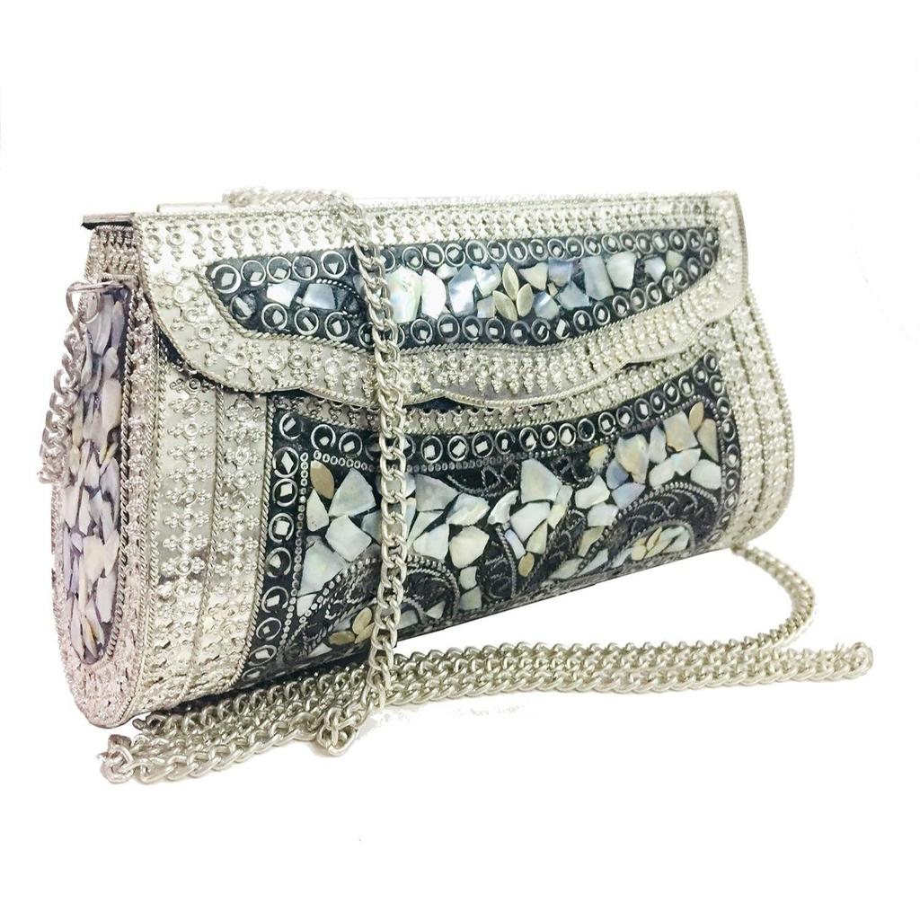 Damen Silber Muschel Perlmuttstein Ethnische Clutch - Indische Antik Mosaik Metall Party Geldbörse