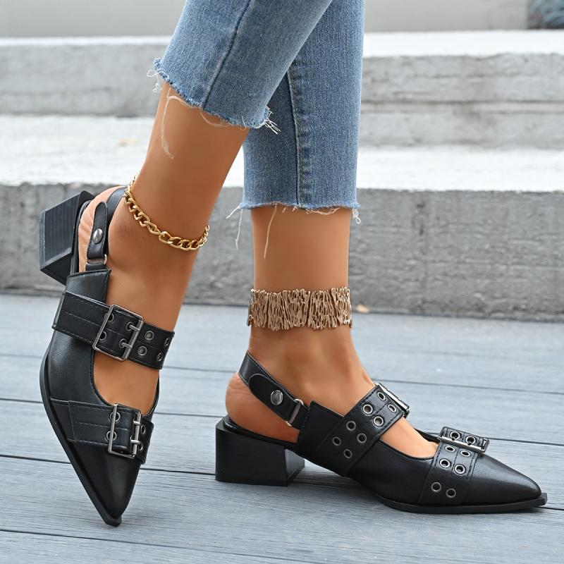 Fashion Punk Metal Buckle Decoration Sandals Women Neutral Pointed Toe Back Trap Shoes Women Brand Design Square Medium Heels Sandals
