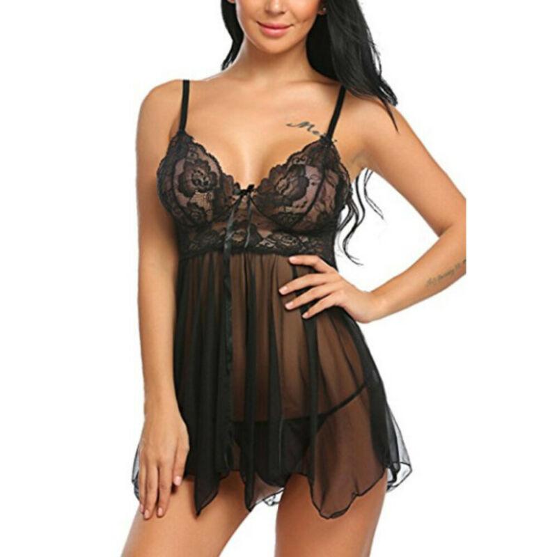 S-4XL Mini abito da notte per biancheria da notte da donna sexy in pizzo con babydoll e biancheria da notte