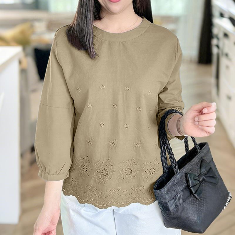 ZANZEA Blusa da donna casual con scollo rotondo, manica a 3/4, patchwork all'uncinetto