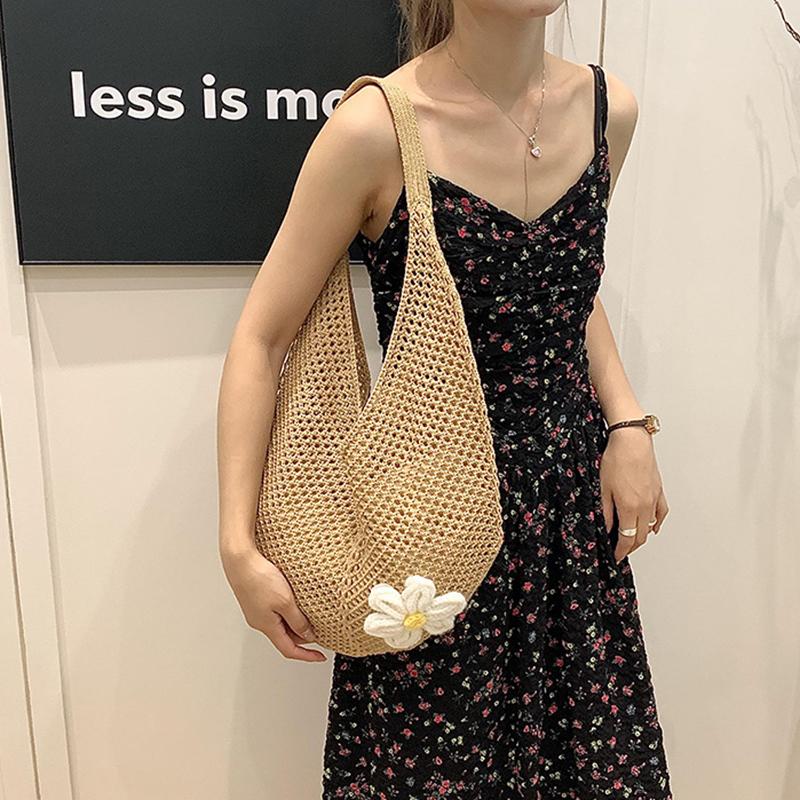 Trendy Hollow Out Weave Straw Bag Bohemian Beach Handbag Hollow Tote Bag Large Capacity Shopping Beach Bag