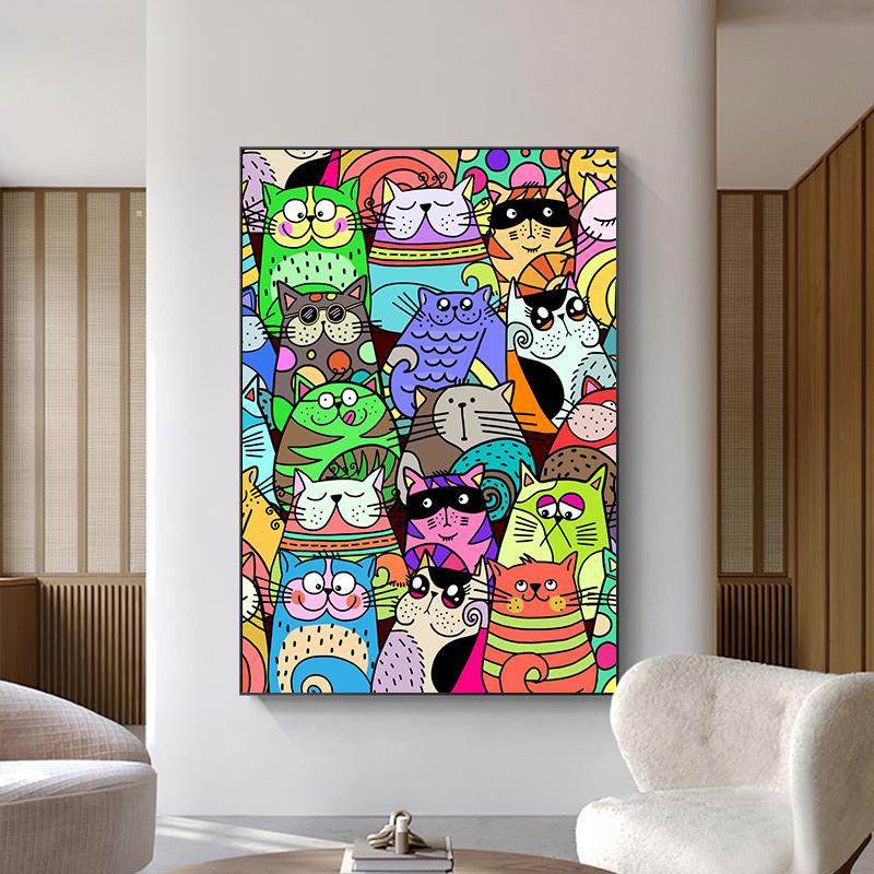 Funny Cartoon Crowded Cat Plakát Abstraktní Malba na plátně Barevné Roztomilé zvíře Kawaii Nástěnné umění pro dětský pokoj domácí dekorace