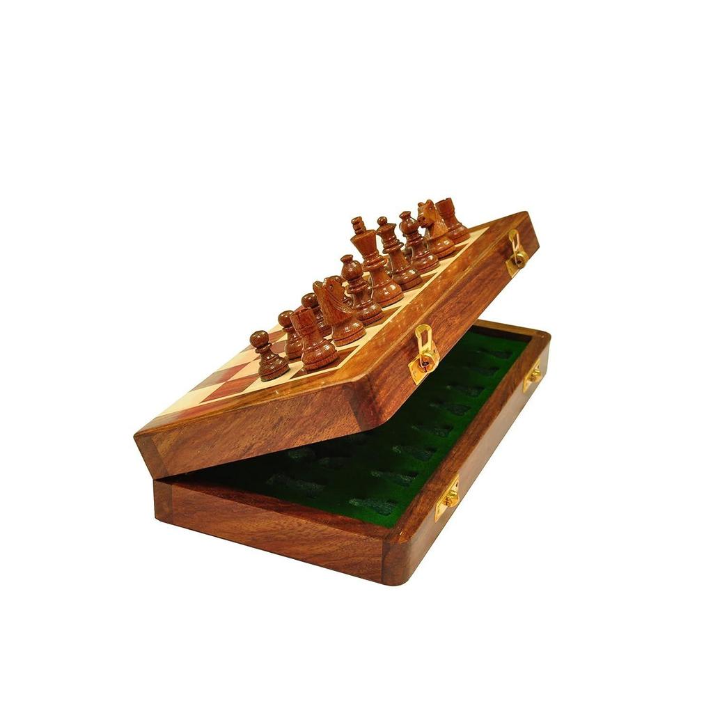 Handmade Foldable Magnetic Chess Board Set Wooden with Magnetic Pieces and Extra Queens for Kids and Adults (10.5x10.5 Inches, Brown)