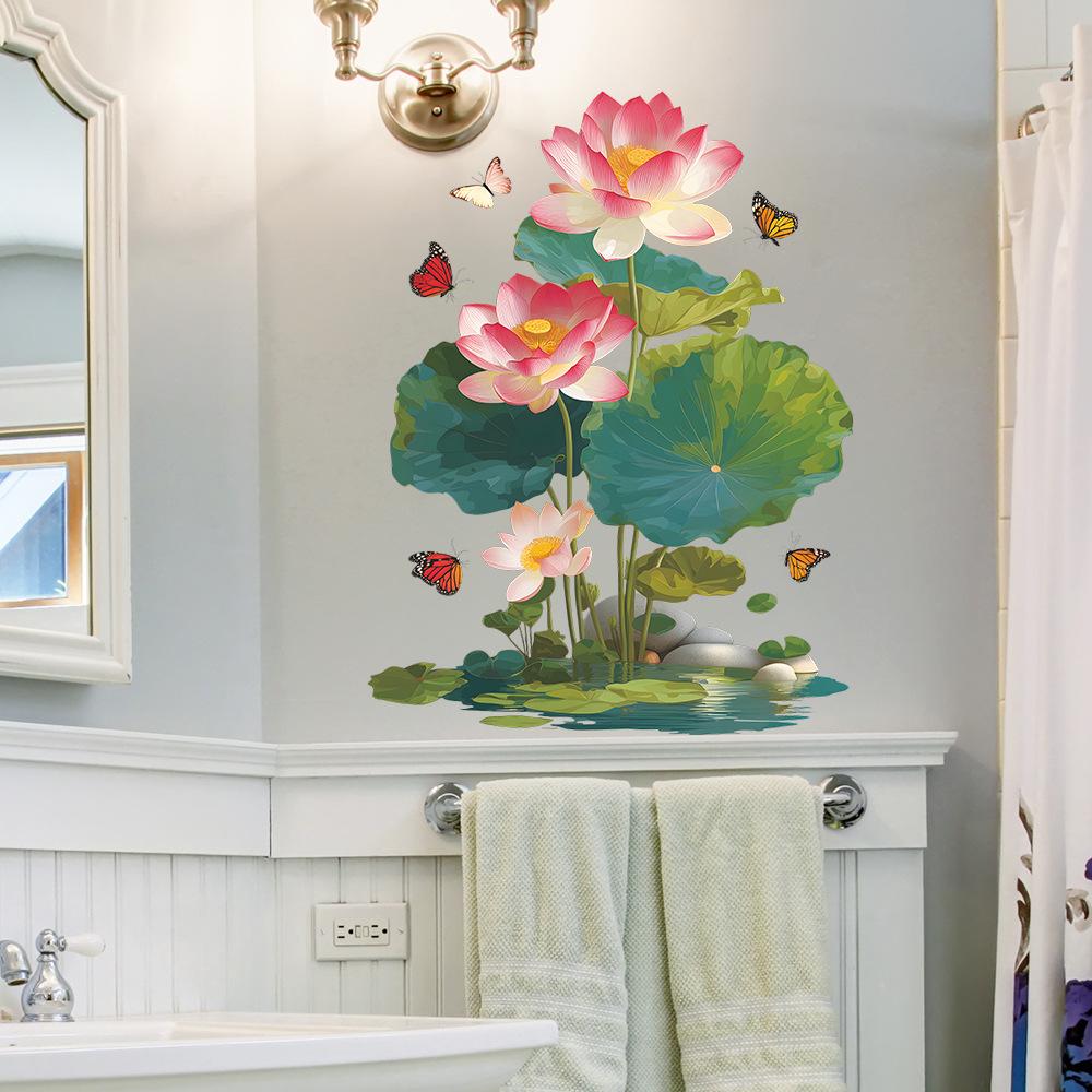 Fresh Lotus, Lotus Leaf and Butterfly Home Bathroom and Toilet Decoration and Beautification Wall Stickers