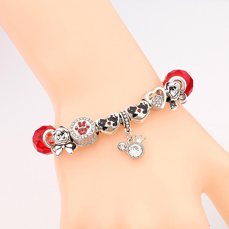 Mickey Minnie Heart-Shaped Drip Oil Bracelet with Red Crystal Charm