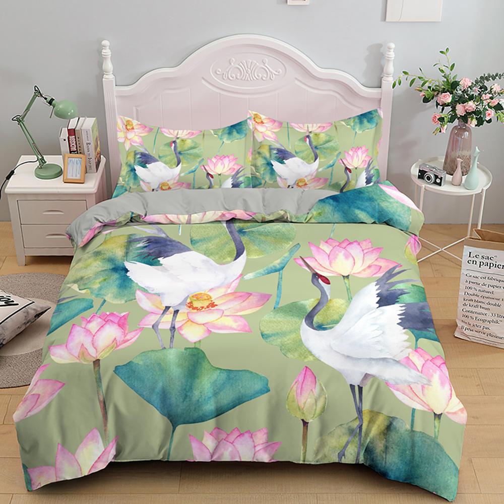 Lotus Duvet Cover Set Pink Flowers And Green Leaves Polyester Comforter Cover King Queen Size For Kids Girls Women Bedding Set