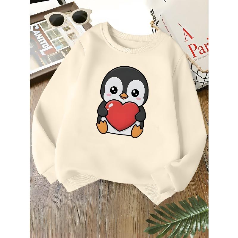Kids Unisex Crewneck Sweatshirt, Cute Cartoon Penguin Holding Red Heart Print Soft Fleece Pullover For Kids Over 4 Years Old