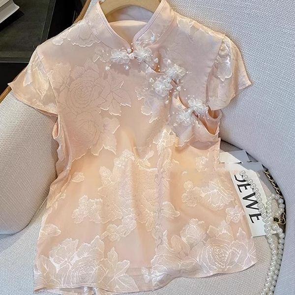 

2025 летняя женская рубашка с коротким рукавом, жаккардовая, в стиле ретро, элегантная, нежная, на пуговицах, короткий топ, новая розовая, в китайском стиле 3XL (recommended 138-75kg)