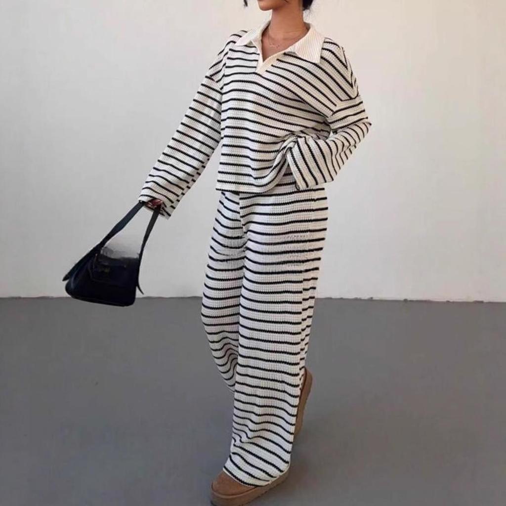 2025 Autumn Winter Striped Lapel Knit Top & Casual Trousers Set