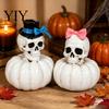 Unique Halloween Party Supplies Gothic Skull Pumpkin Statue, Bride Groom Figurine, Pink Creative And Skulls Bow On Ornament for Desktop Mantel