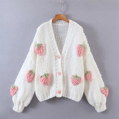 European & American New Strawberry Knitted Cardigan: Women's V-Neck Loose Lantern Sleeve Sweater