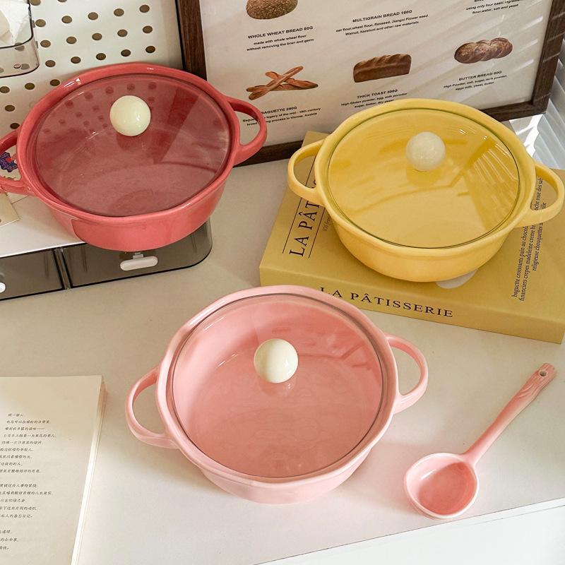 Cute high-value ceramic binaural instant noodle bowl with cover student dormitory instant noodle bowl personal special snail powder bowl